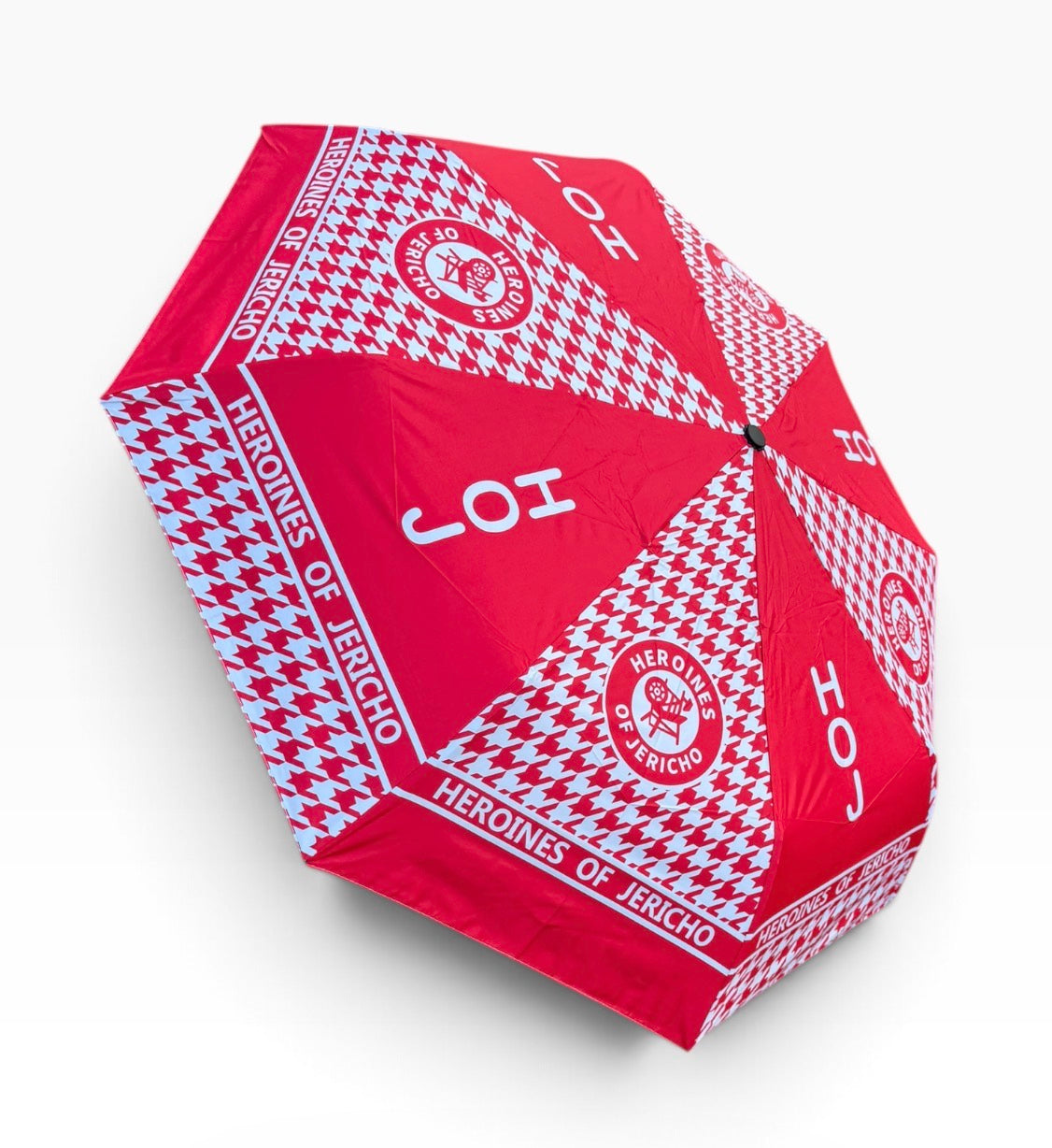 Heroines of Jericho red and white houndstooth umbrella