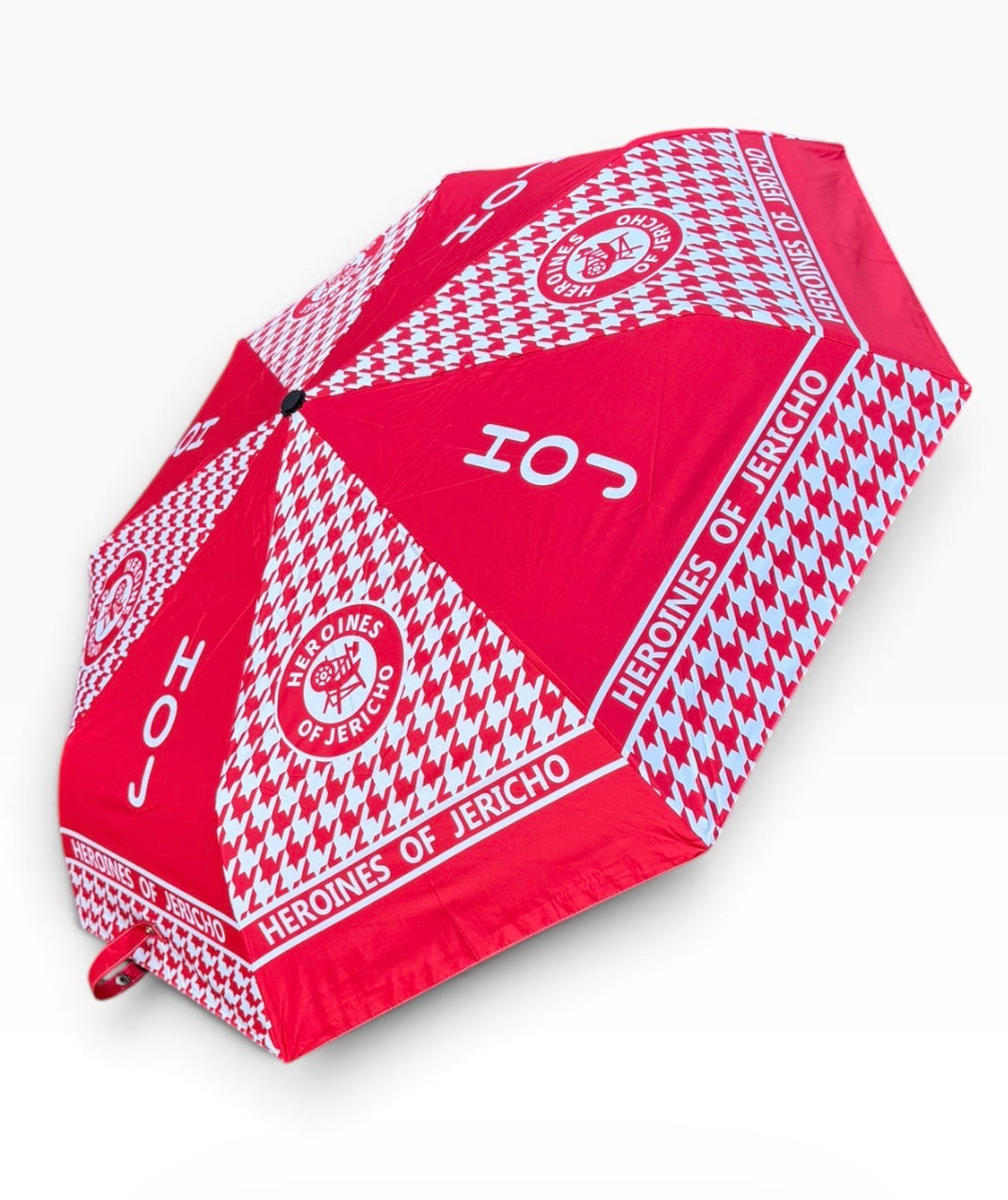 Heroines of Jericho red and white houndstooth umbrella