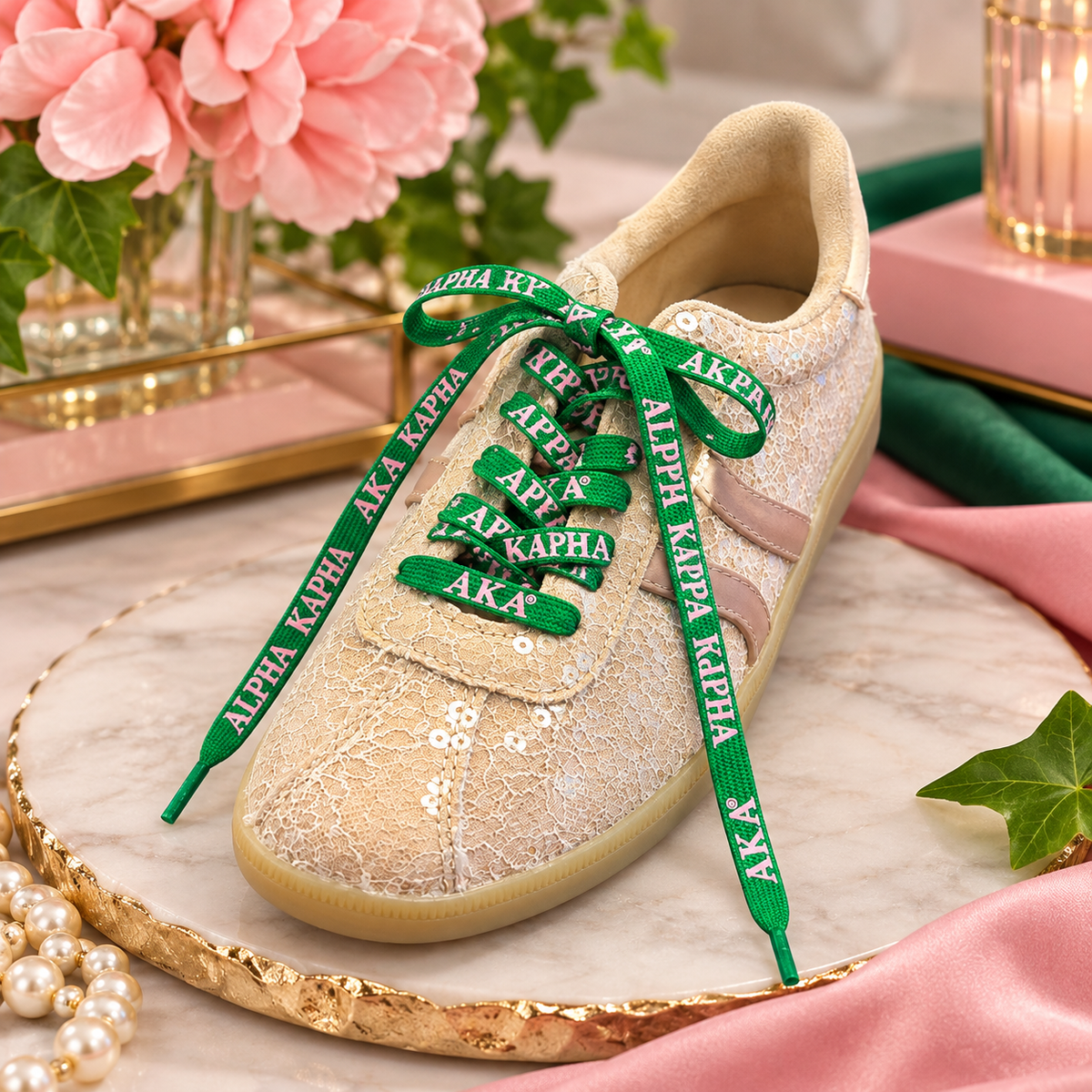 Alpha Kappa Alpha Pink & Green Shoelaces | AKA Sneaker Style