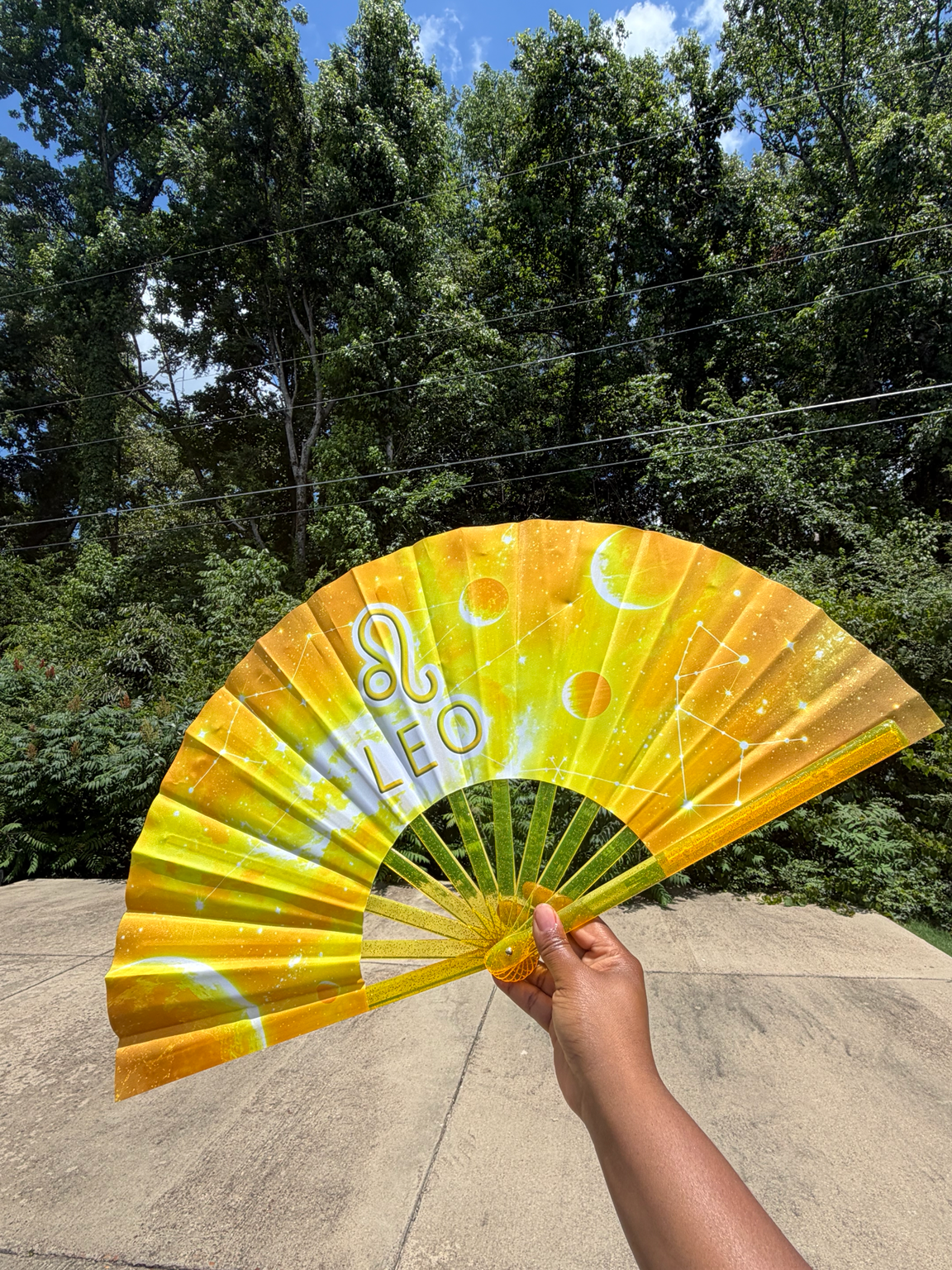 Leo Zodiac Folding Fan: Starry Cosmic Hand Fan with Velvet Bag