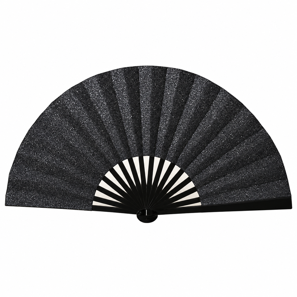 Black Glitter Clack Fan | Oversized Rave Festival Hand Fan on white background