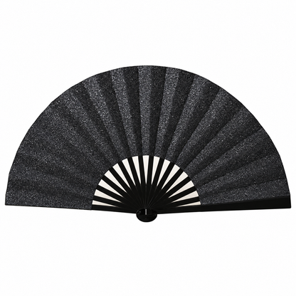 Black Glitter Clack Fan | Oversized Rave Festival Hand Fan on white background