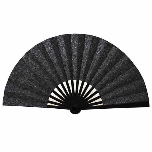Black Glitter Clack Fan | Oversized Rave Festival Hand Fan on white background