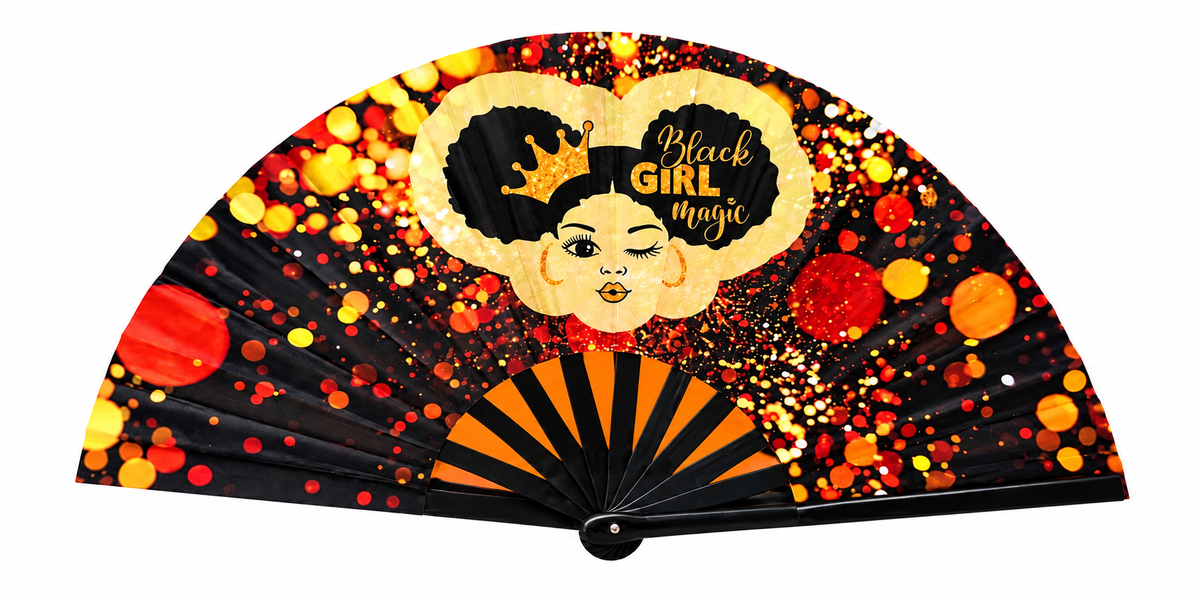 Black Girl Magic Clack Fan | Festival Folding Hand Fan on white background