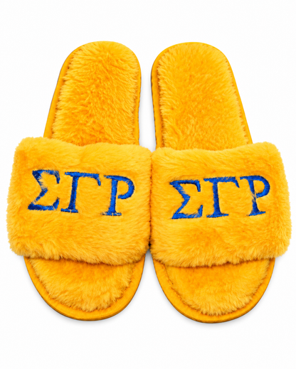 Sigma Gamma Rho Plush Slide Slippers | Gold on white background