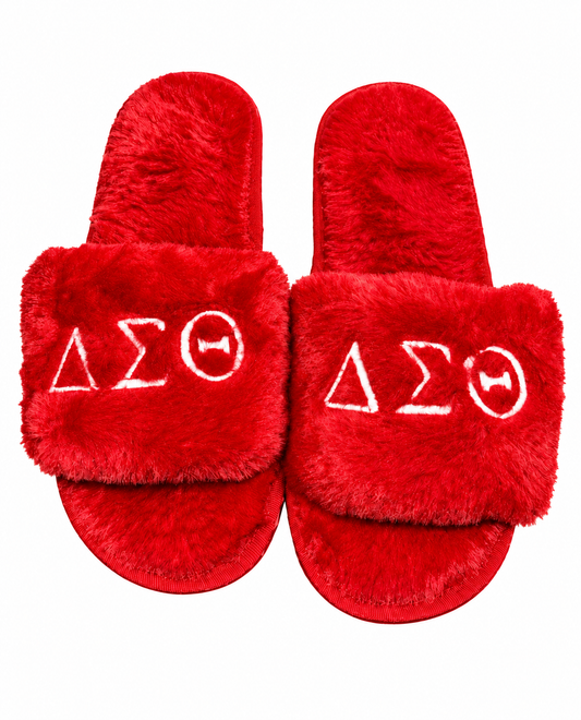 Delta Sigma Theta Plush Slide Slippers | Red on white background