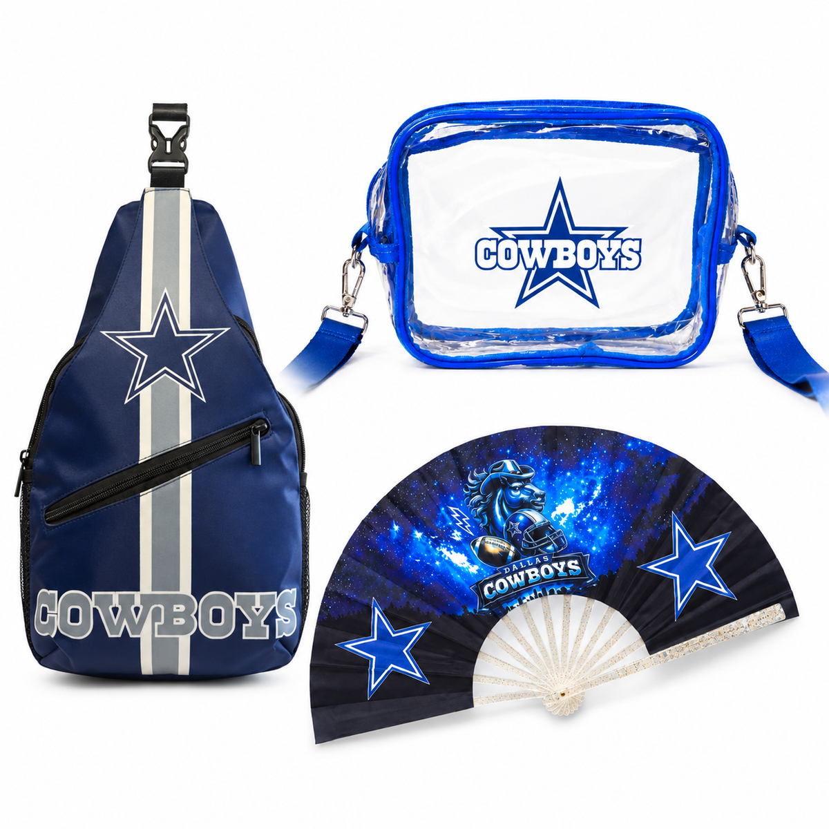 Dallas Cowboys 3-Piece Game Day Bundle | Fan, Sling & Clear Bag on white background