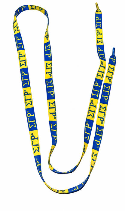 Sigma Gamma Rho Letter Shoelaces | Royal Blue & Gold on white background