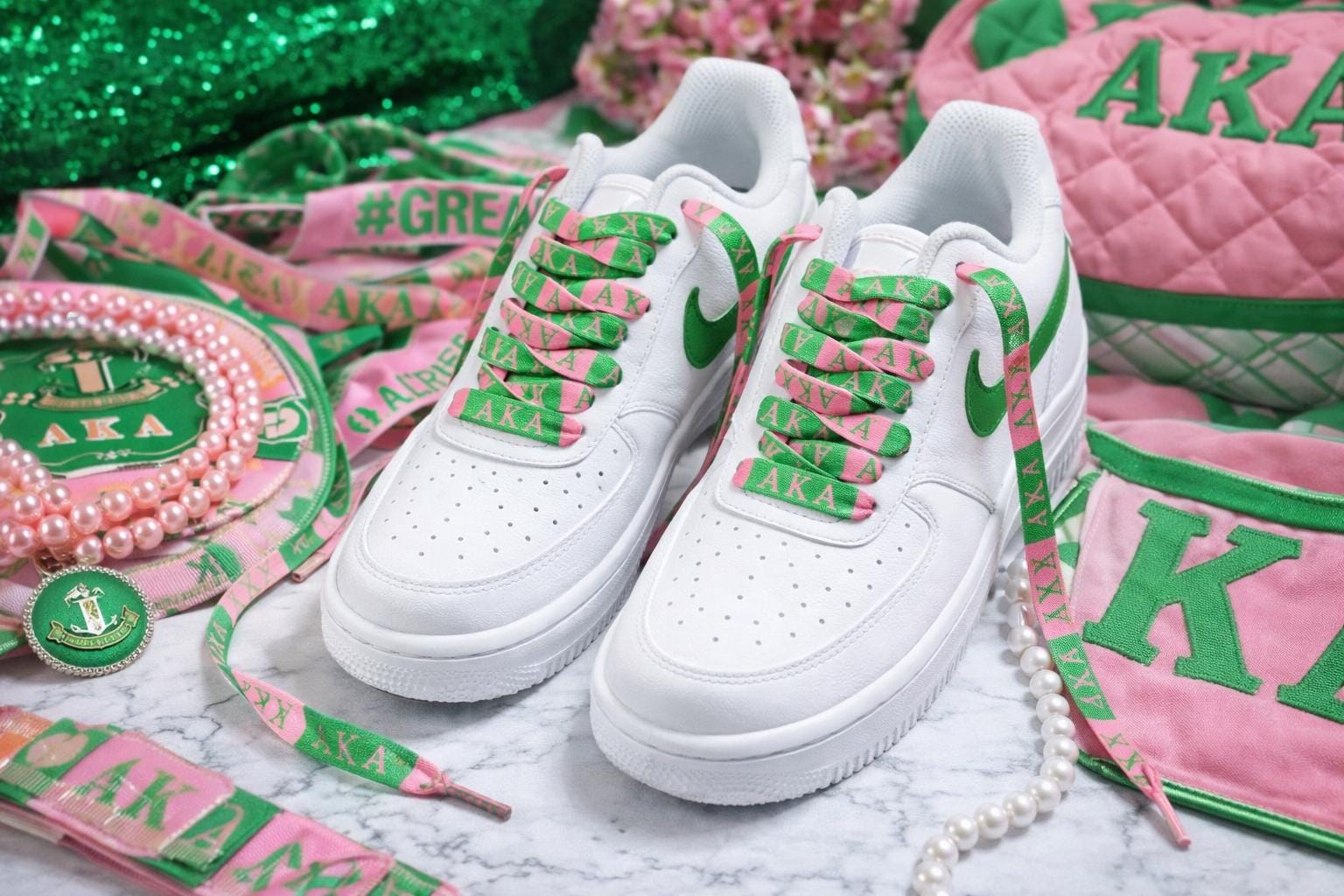 Alpha Kappa Alpha Sorority Shoe Laces AKA Pink Green 125x1.2cm