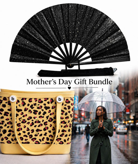 Mother’s Day Gift Bundle | Black Glitter Clack Fan + Clear Umbrella + Leopard Tote Bag | Stylish Gift for Mom |