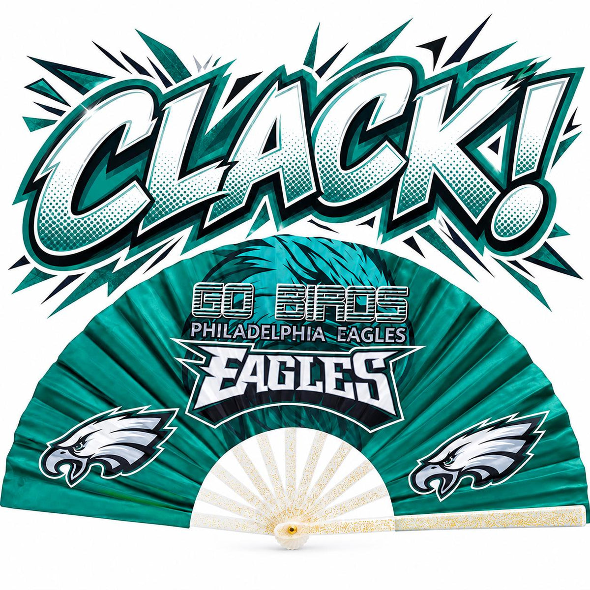 Open Philadelphia Eagles clack fan with Go Birds lettering and eagle graphics