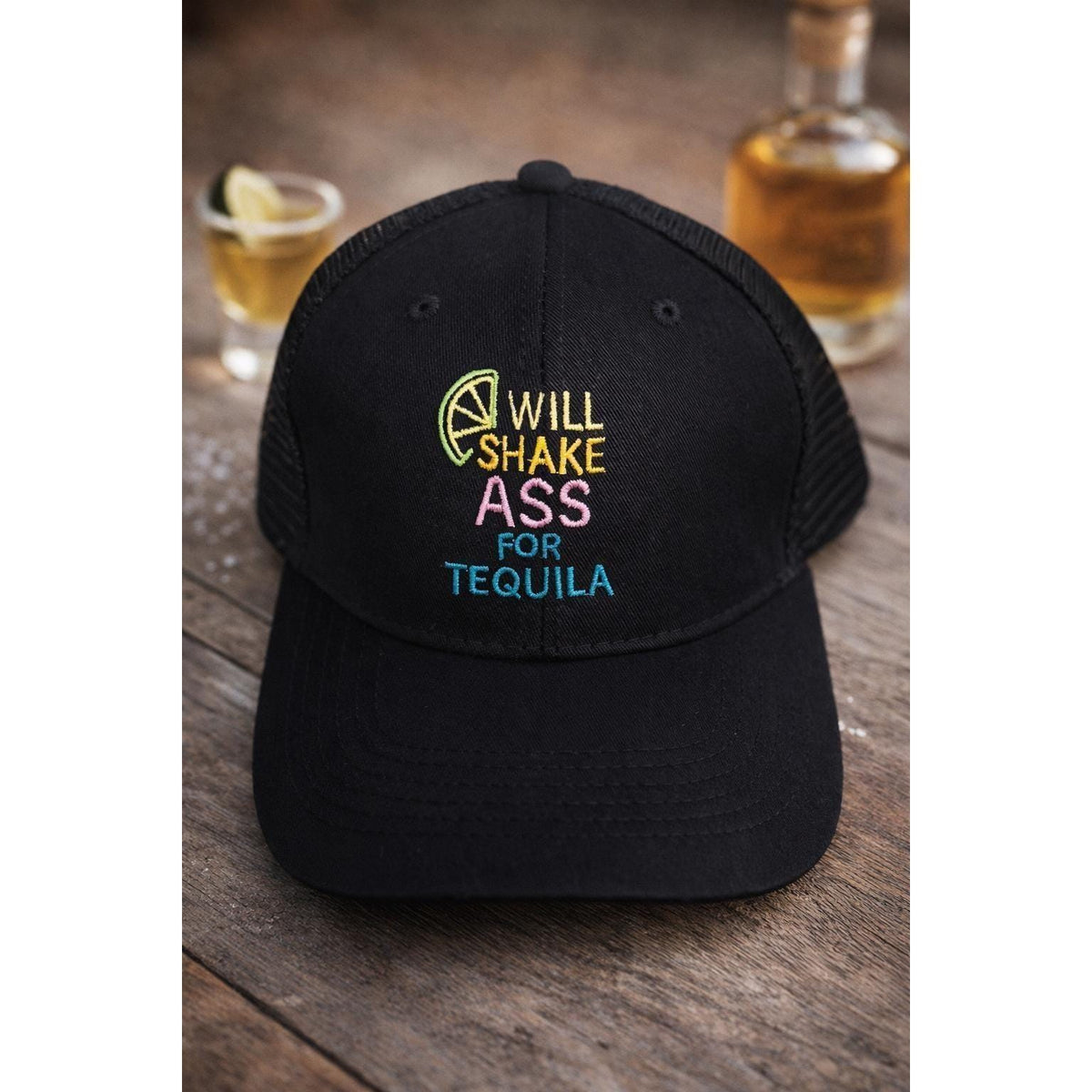 Will Shake Ass for Tequila Trucker Hat | Black Embroidered Snapback