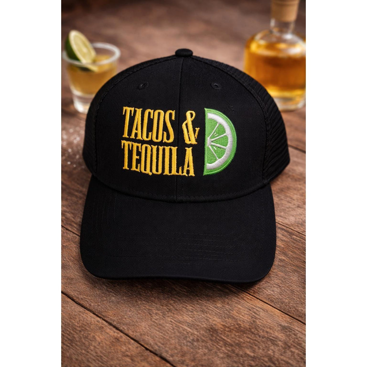 Tacos & Tequila Trucker Hat | Black Embroidered Snapback