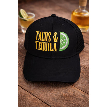 Tacos & Tequila Trucker Hat | Black Embroidered Snapback