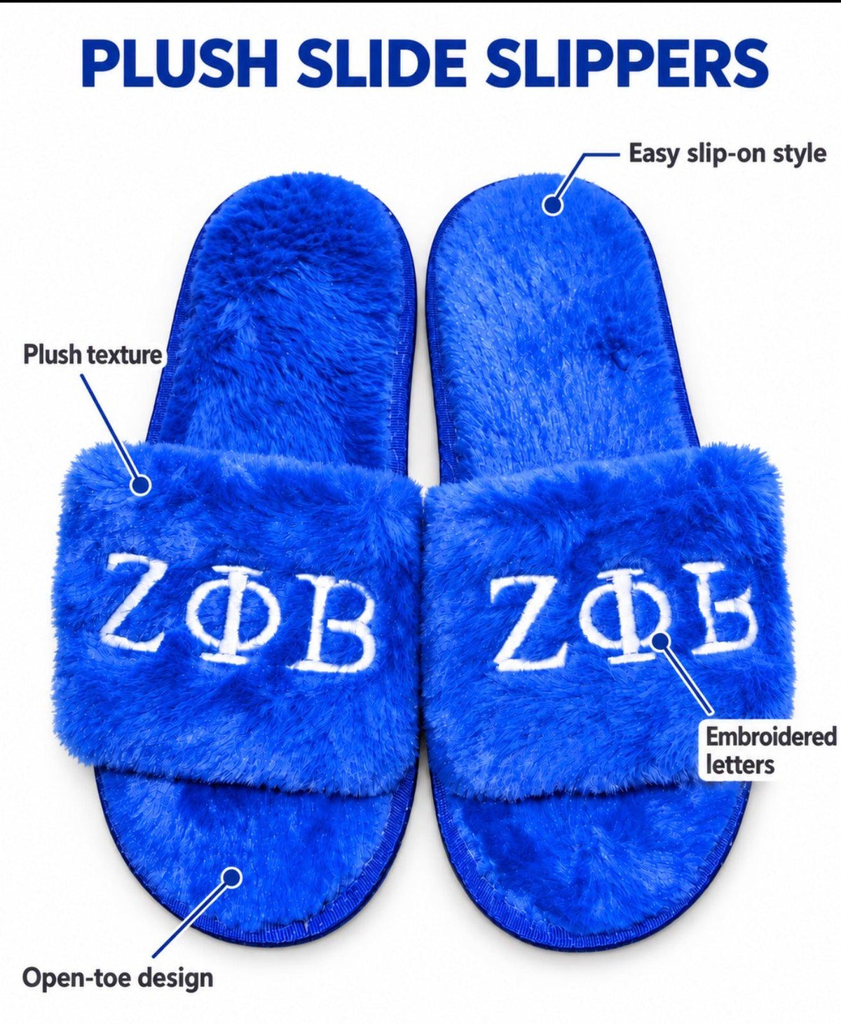 Zeta Phi Beta Plush Slide Slippers | Royal Blue