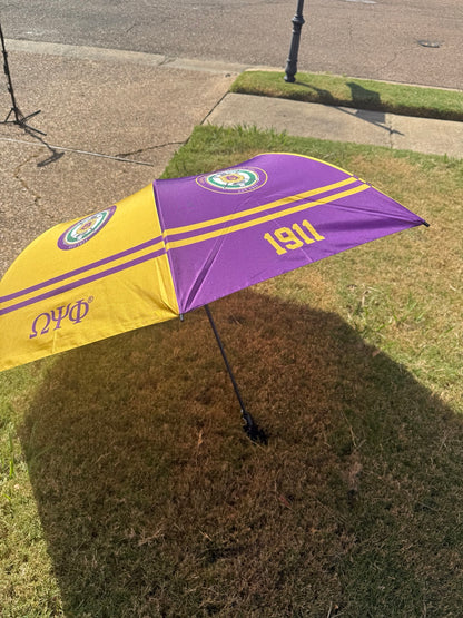 Omega Psi Phi purple and gold umbrella, side view