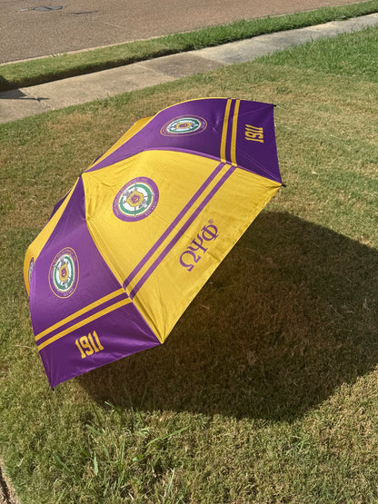 Omega Psi Phi purple and gold umbrella, side view